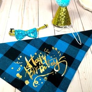 “Happy Birthday” Blue - Buffalo Plaid Bandana, Bow Tie & Party Hat for Dog
